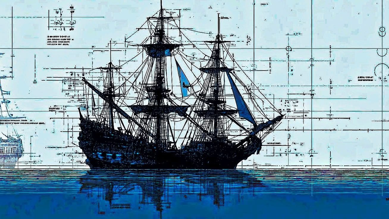 A blueprint drawing of a tall sailing ship on the sea
