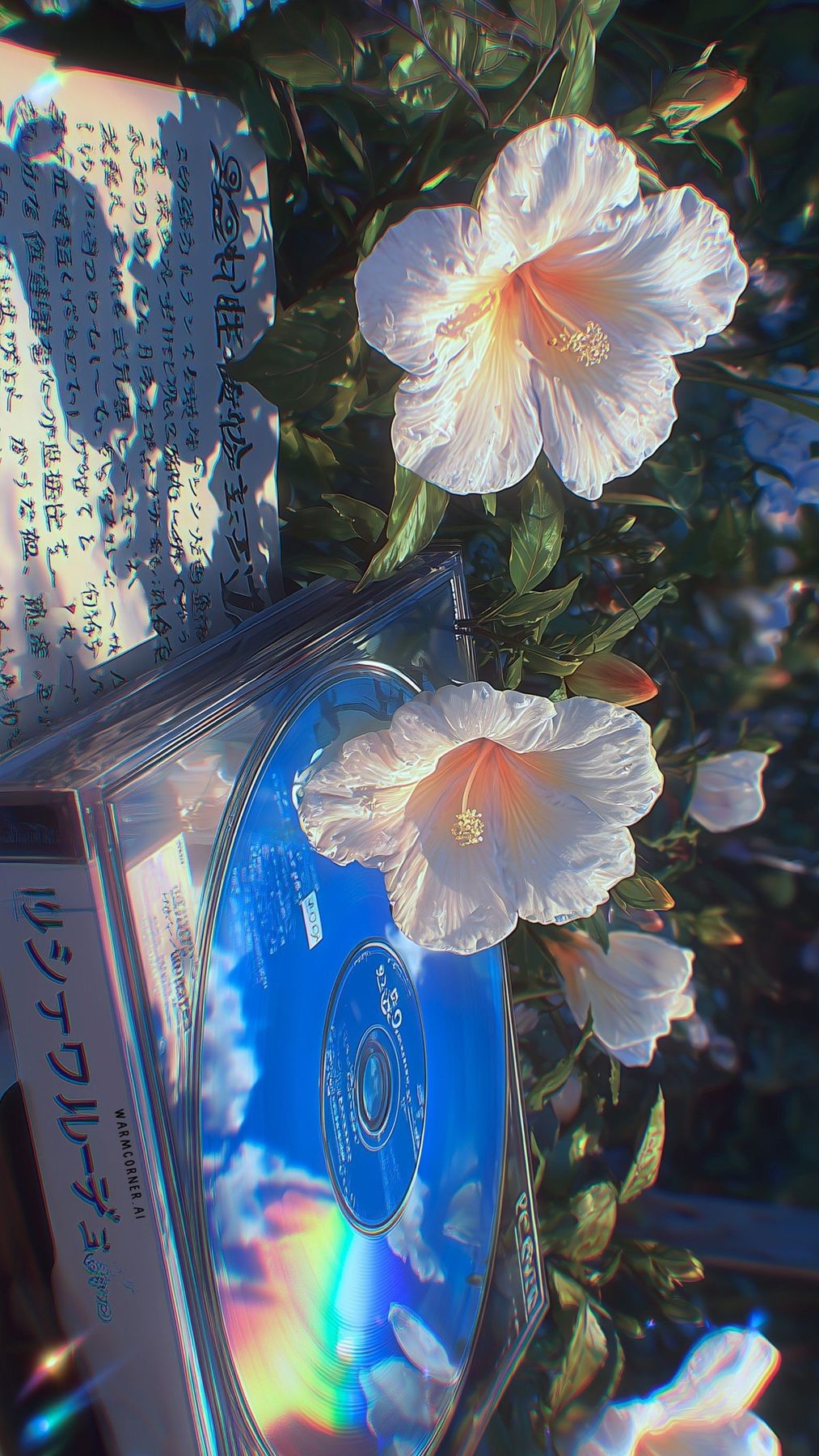 A CD and white hibiscus flowers in golden light